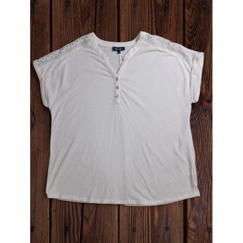 Lily Morgan Henley Top Women 1X Cream Lace Trim Slub Knit Cottagecore Bohemian